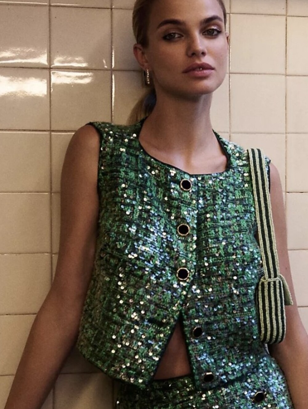 Maeve Green Sequin Tweed Cropped Button Up Vest Party Holidays Glam Size Medium